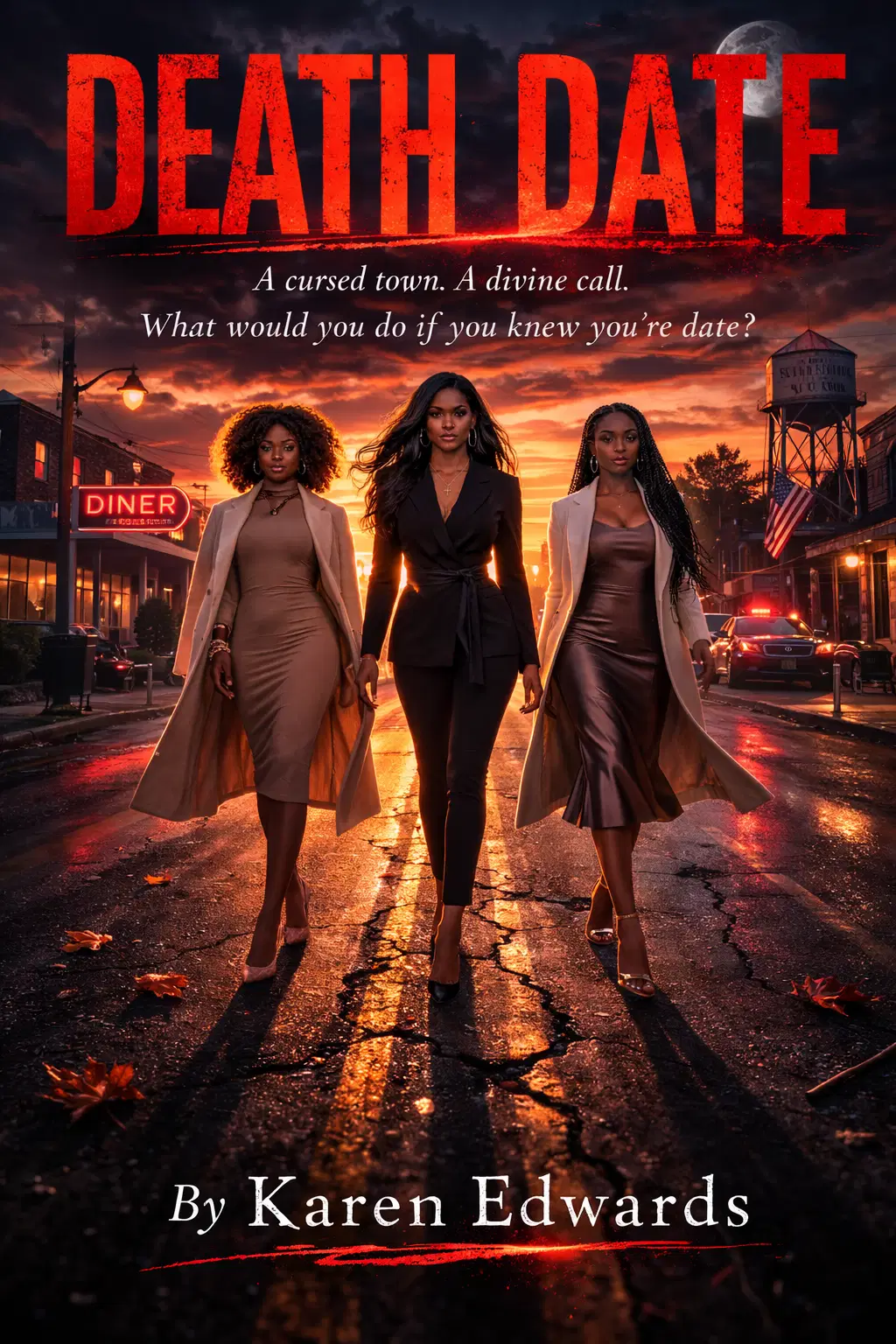 Death Date book cover by Karen Edwards, showing three women walking down a lit street at sunset