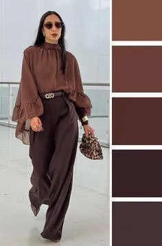 Woman in a chocolate-brown blouse and trousers with a leopard-print bag beside brown color swatches