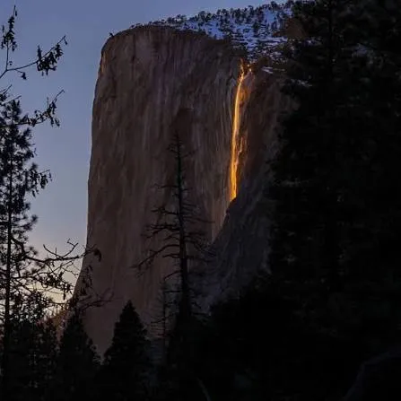 El Capitan at dusk with Horsetail Fall glowing golden