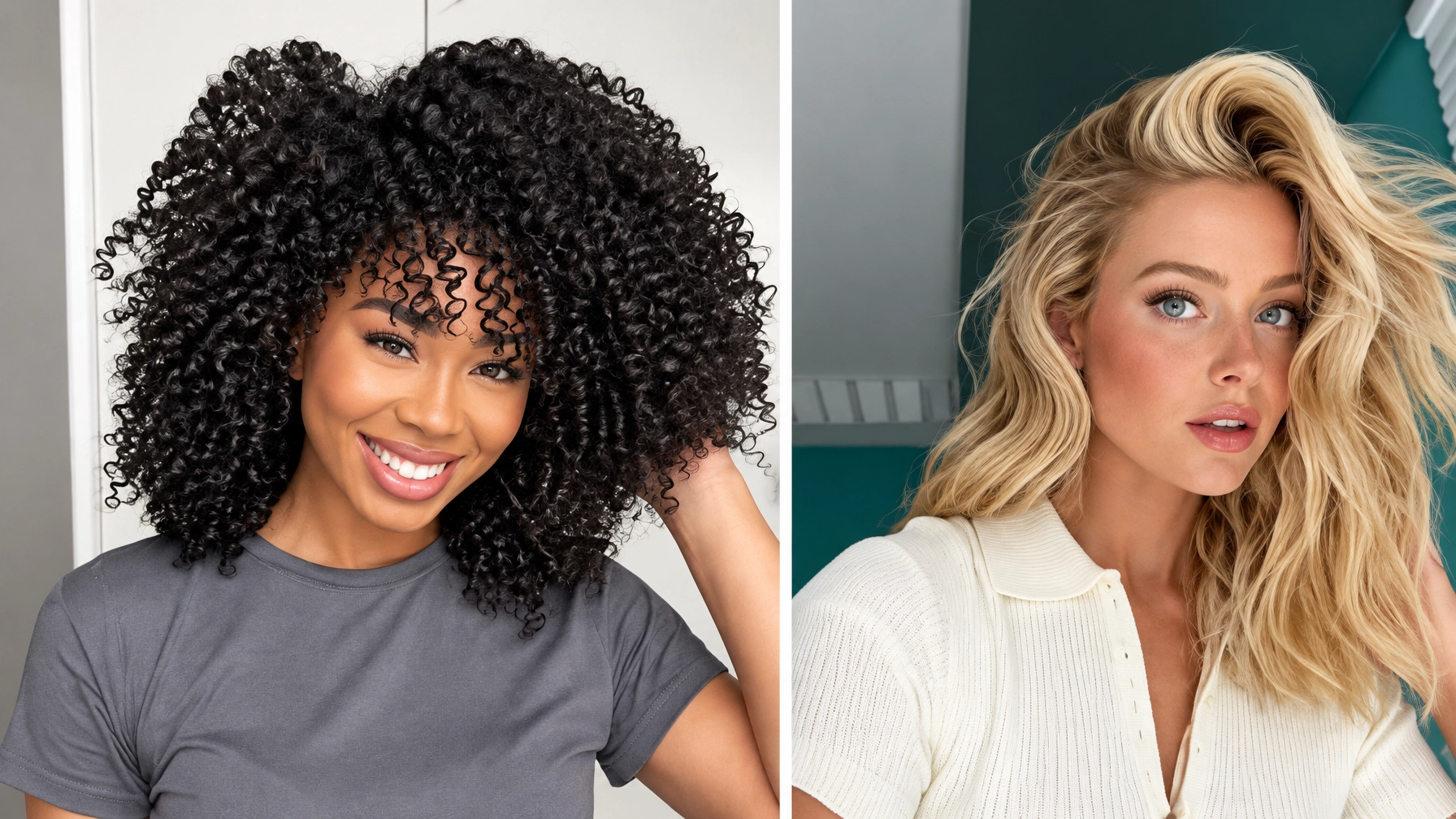 Two women side by side, one with voluminous curly black hair and one with long wavy blonde hair, against a pale wall
