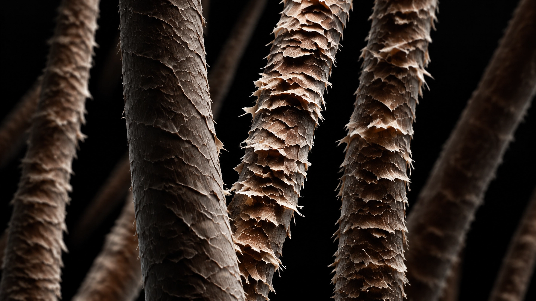 A close-up of dry, brittle hair strands showing rough, lifted, damaged cuticles