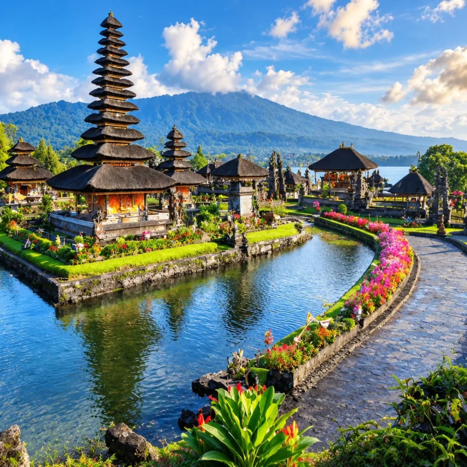 Balinese water temple with tiered pagoda shrines beside a pond of pink flowers, mountains, and blue sky
