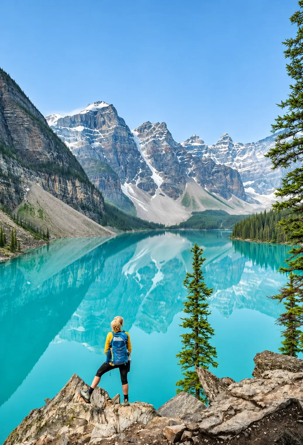 A hiker with a blue backpack standing on a rocky outcrop above the turquoise water of Moraine Lake, ringed by the snow-dusted Ten Peaks
