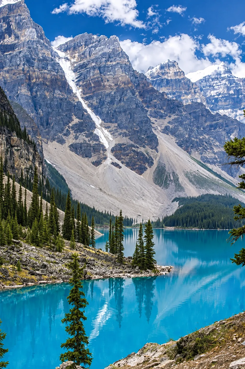 The turquoise glacial water of a Banff lake reflecting steep rocky peaks streaked with snow, framed by evergreen trees