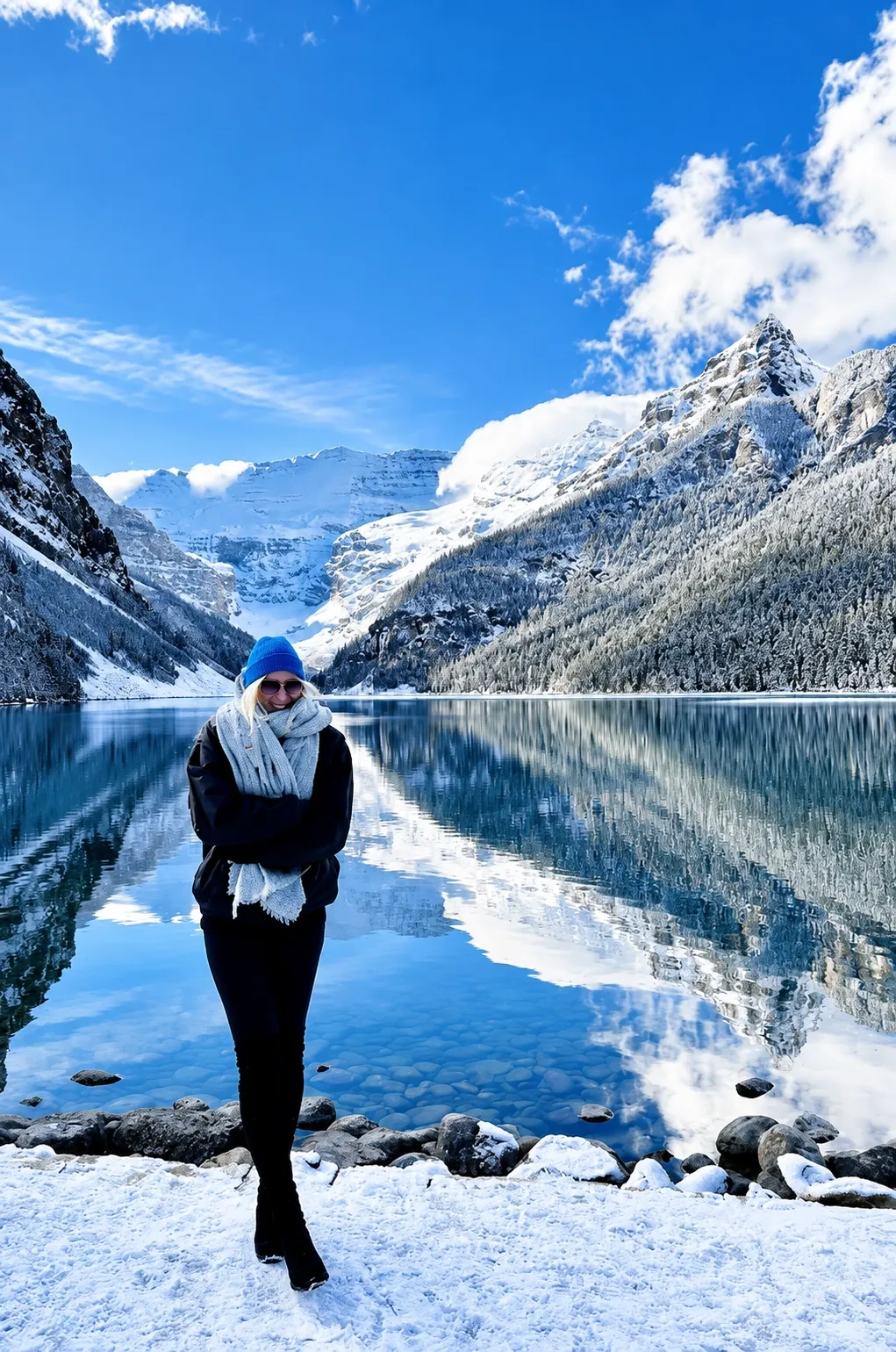 A woman in a blue beanie and long scarf standing on a snowy lakeshore, with snow-covered peaks reflected in the still winter water