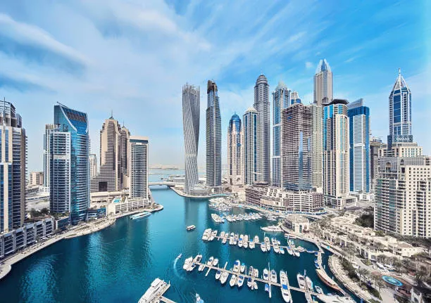 Dubai Marina skyline and waterfront viewed in bright daylight