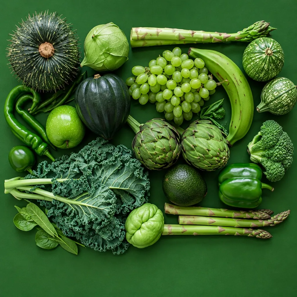 A fresh assortment of green vegetables, fruit, and leafy greens