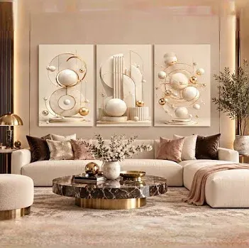 Luxury neutral lounge with sculptural artwork and metallic details