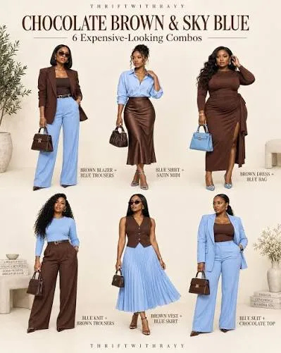Fashion examples pairing chocolate brown and sky blue