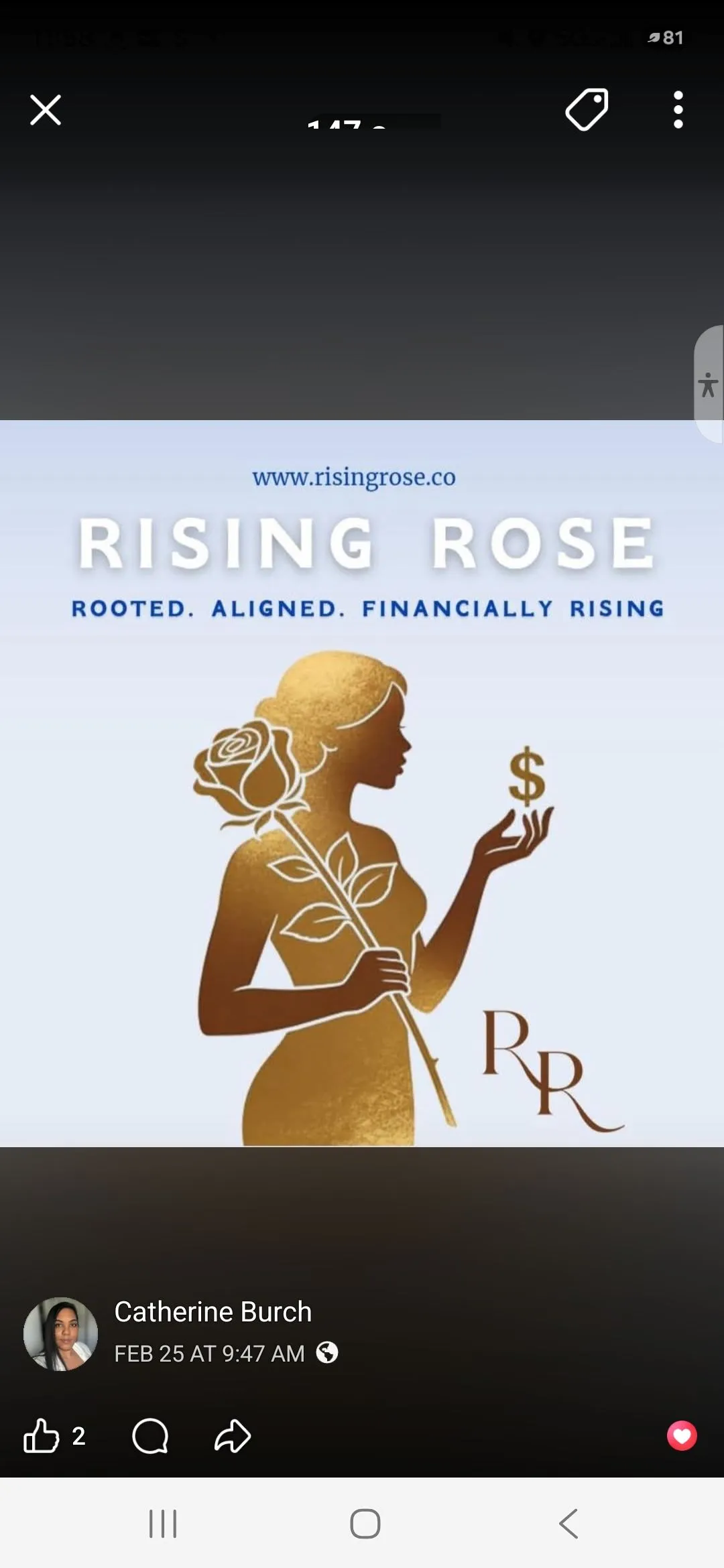 Rising Rose branding with the message Rooted. Aligned. Financially Rising.