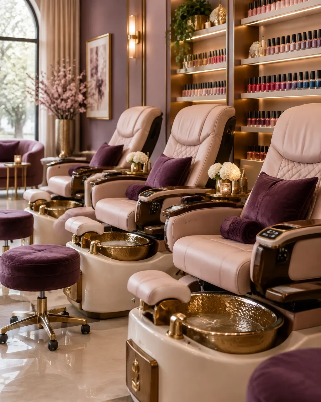 An elegant luxury nail salon interior with plush spa pedicure chairs, shelves of polish, and soft plum and gold tones